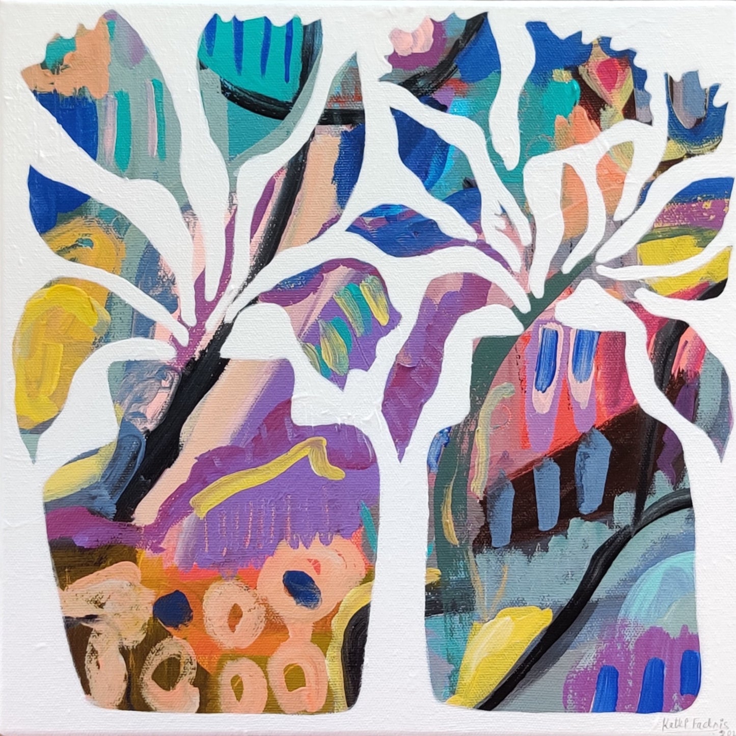 Vibrant Floral Vases - 2 | 12" x 12" | Acrylic on Canvas